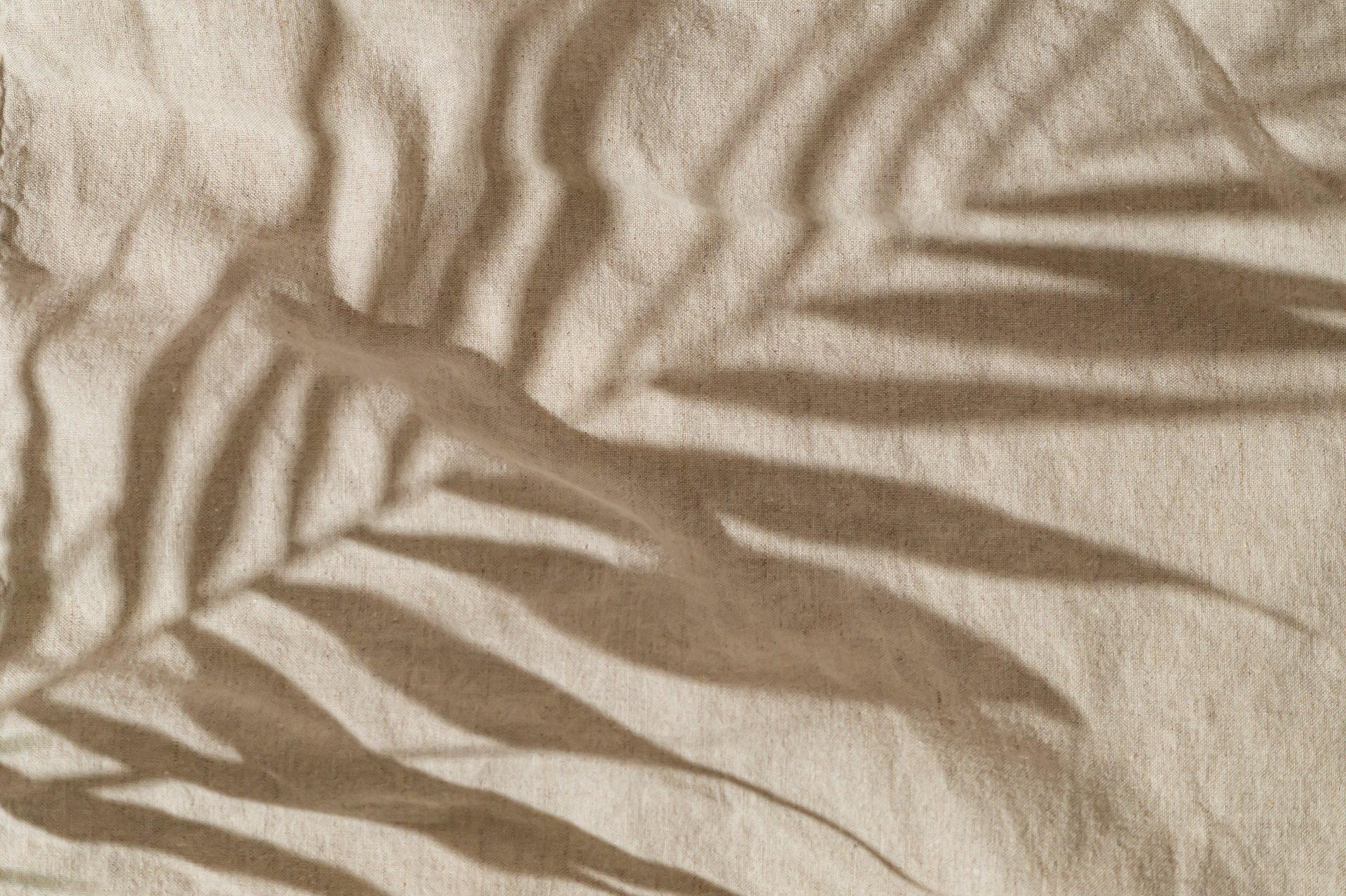 Tropical palm tree leaves shadow on sand color linen background