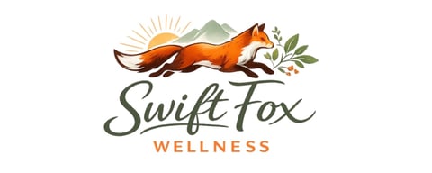 Swift Fox Wellness logo featuring an orange fox leaping with sun and mountain backdrop